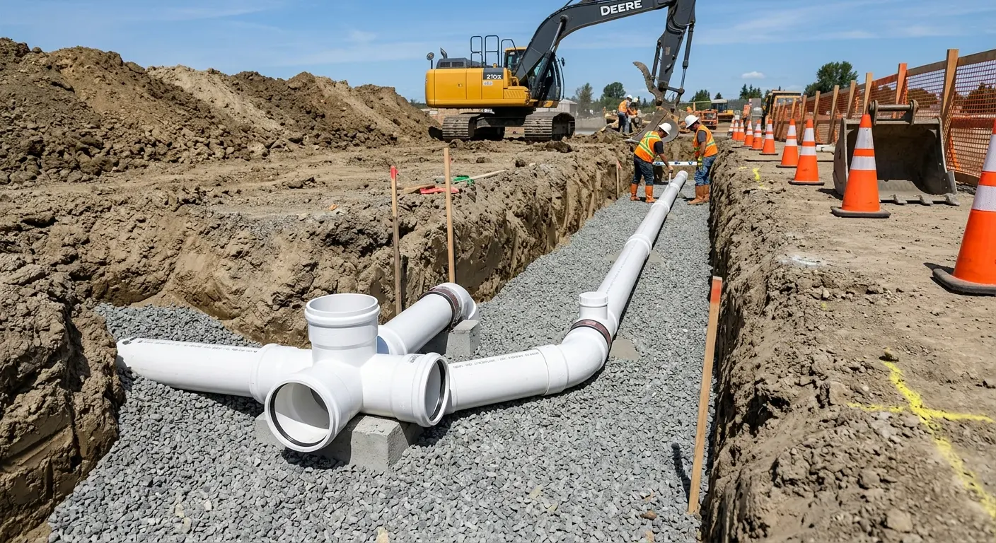 New PVC sewer pipe installation in open trench for Commercial Drain Cleaning in Phoenix