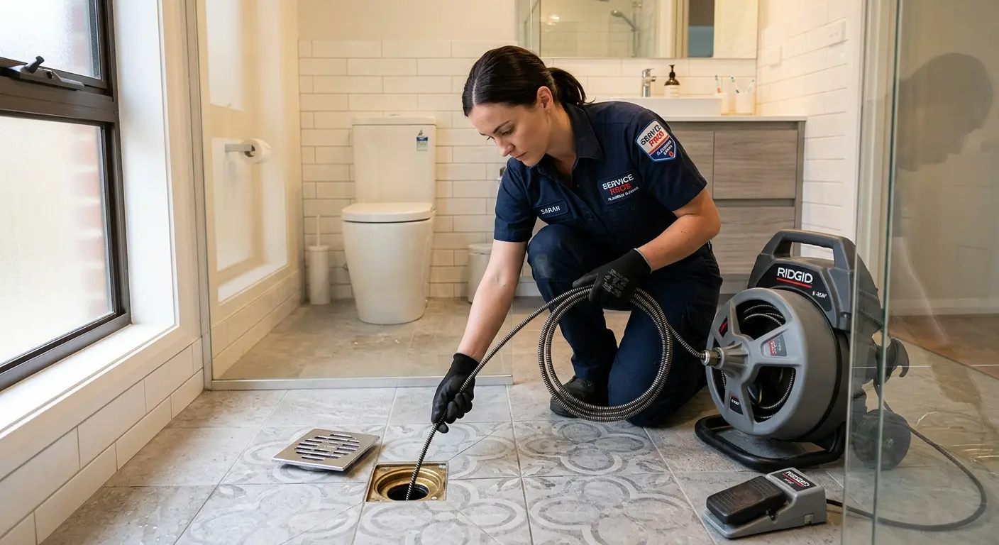 Technician clearing a bathroom floor drain for Clogged Drain Repair in Phoenix